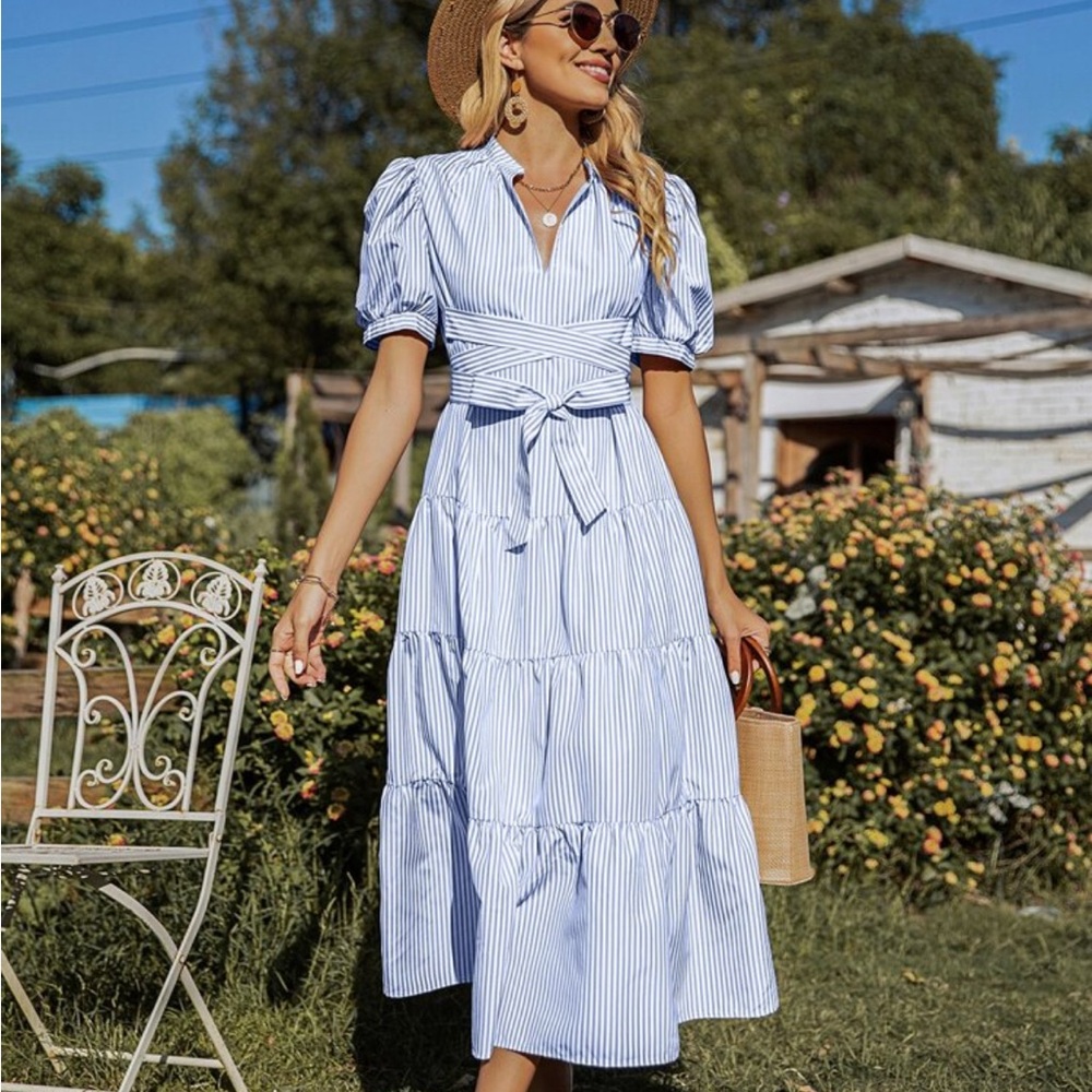 Striped Blue Preppy Cottagecore Midi Dress